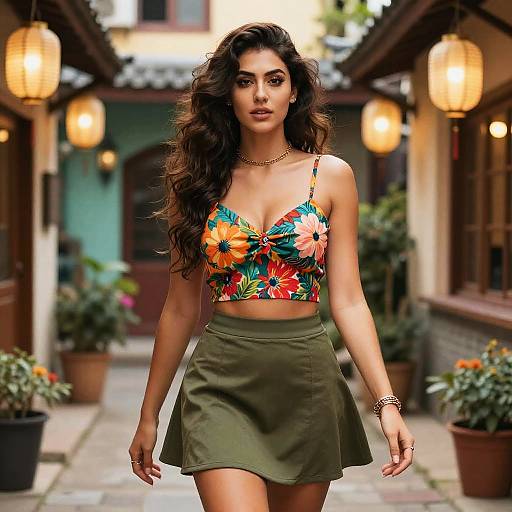 Photograph of a beautiful woman with long, wavy brown hair, wearing a colorful floral crop top and olive green mini skirt, walking down a lantern