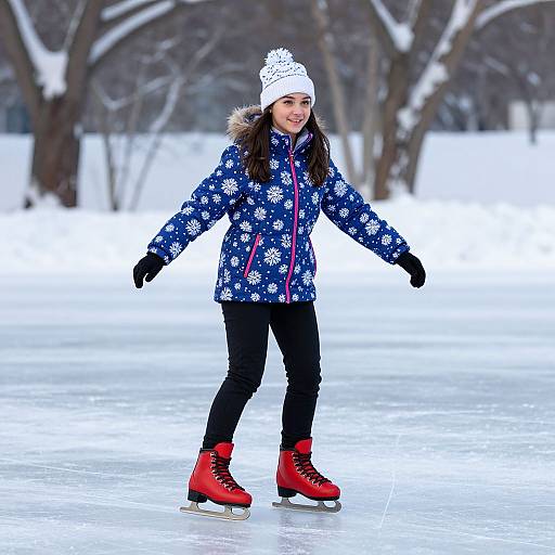Photograph of a smiling young woman ice skating in a snowy forest, wearing a blue snowflake-patterned jacket, black pants, red skates,