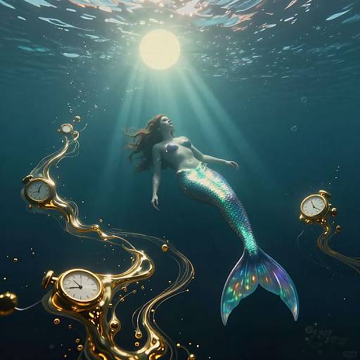 Surreal Mermaid with Liquid Gold Timepieces Underwater