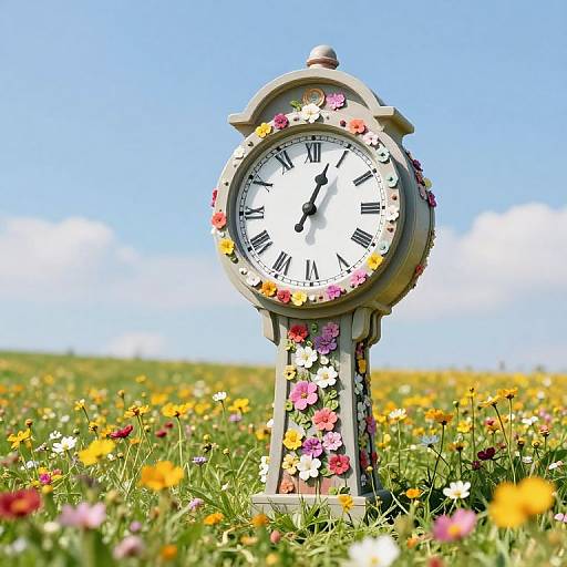 Photograph of a vintage clock adorned with colorful flowers, standing in a vibrant meadow filled with blooming wildflowers under a bright blue sky.