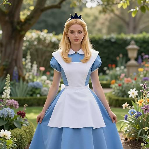 Blonde Queen in Blue and White Dress in Garden