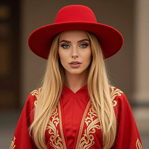Blonde Woman in Red Embroidered Attire