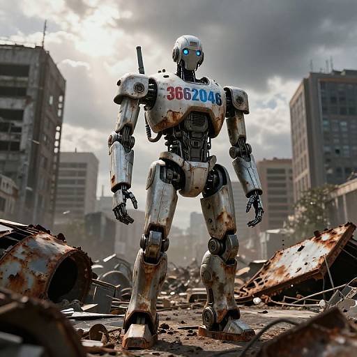 Photorealistic CGI of a glowing blue-eyed, white and rusted robot standing in a ruined, post-apocalyptic cityscape with destroyed buildings. 