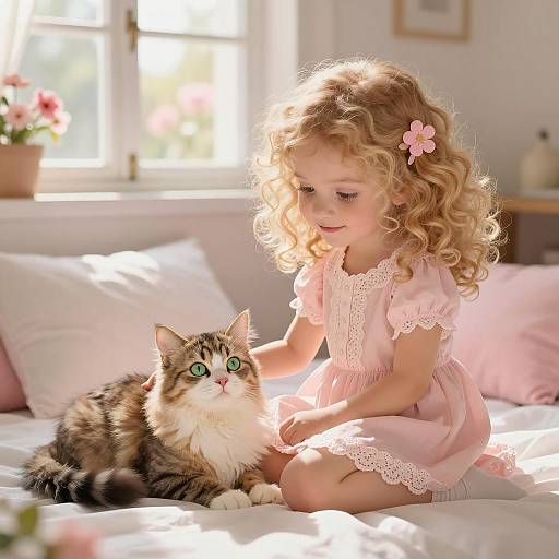 Charming Girl and Tabby Cat Illustration