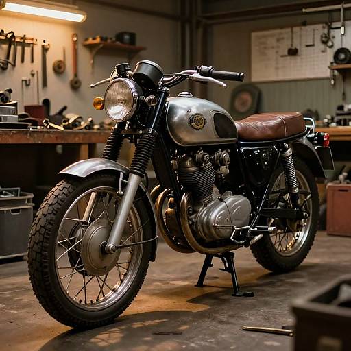 Photograph of a vintage silver motorcycle with black springs and brown leather seat in a dimly lit, cluttered workshop.