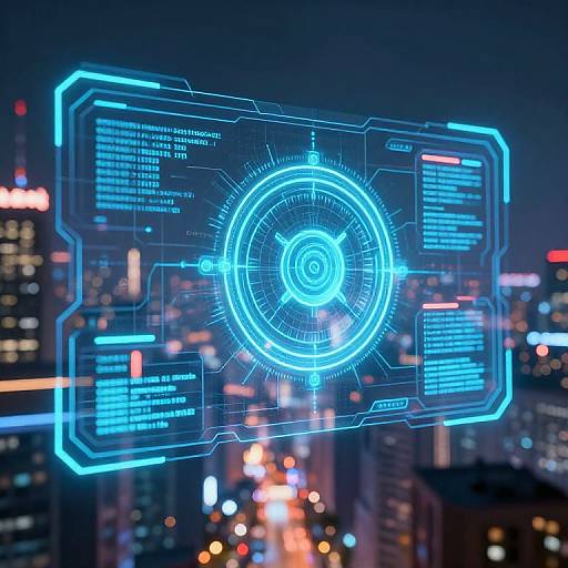 Digital CGI image of a glowing blue holographic interface with a circular navigation center, overlaying a nighttime cityscape with blurred skyscrapers and neon lights