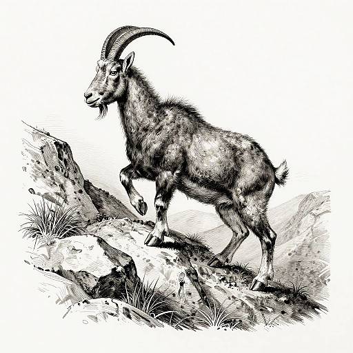 Monochrome Wood Engraving of Mountain Goat