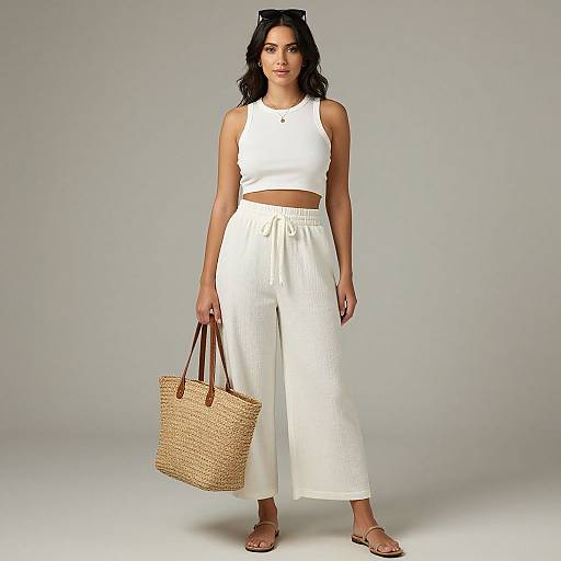 Photograph of a woman with dark hair, wearing a white crop top and high-waisted white pants, holding a woven tote bag, standing against