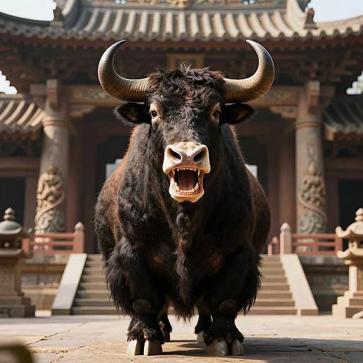 Muscular Anthropomorphic Yak in Temple