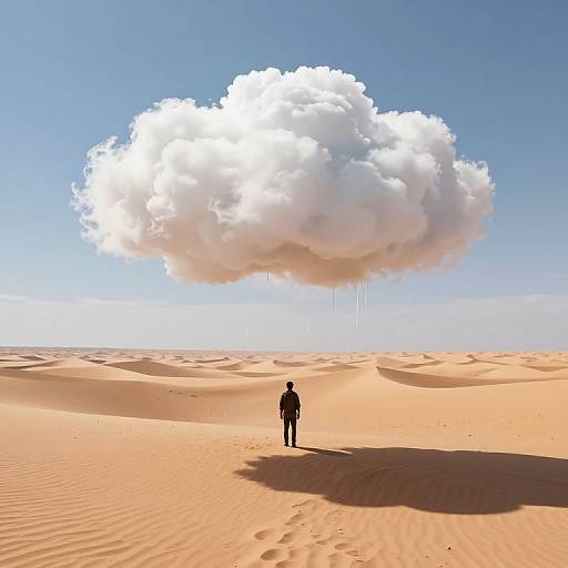 Photograph of a solitary figure in black standing in a vast, sunlit desert with a large, white, cloud-like object floating above against a clear