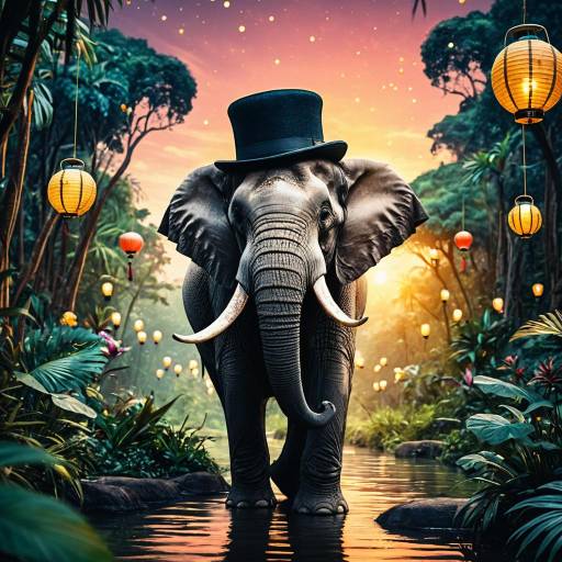 Elephant with Top Hat in Fantasy Jungle Sunset