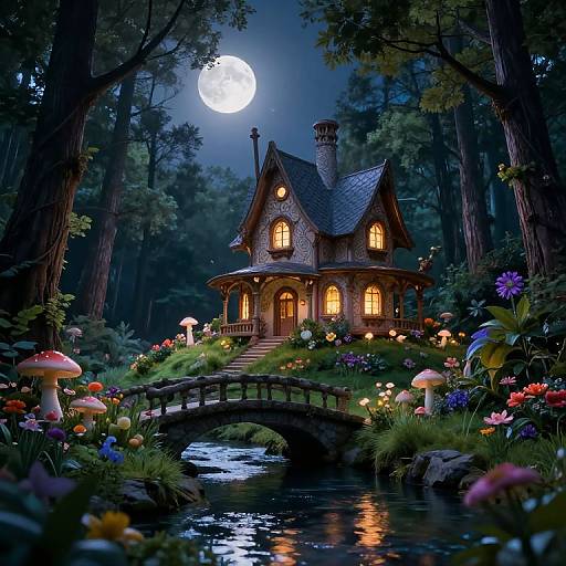 Enchanted forest cottage with glowing windows, moonlit sky, colorful mushrooms, and flowers under a wooden bridge over a reflective stream. Digital fantasy artwork