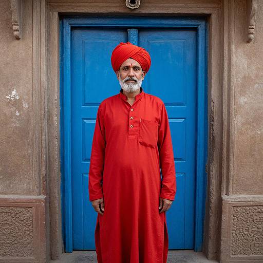 Photograph of an elderly Indian man with white beard, wearing a bright red kurta and matching turban, standing in front of a vibrant blue door