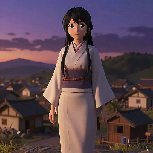 Digital anime-style drawing of a young woman in a white kimono with black hair, standing in a village at sunset.