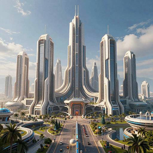 Photorealistic CGI of a futuristic cityscape with towering, curved skyscrapers in sleek, metallic gray, surrounded by palm trees and a busy roadway
