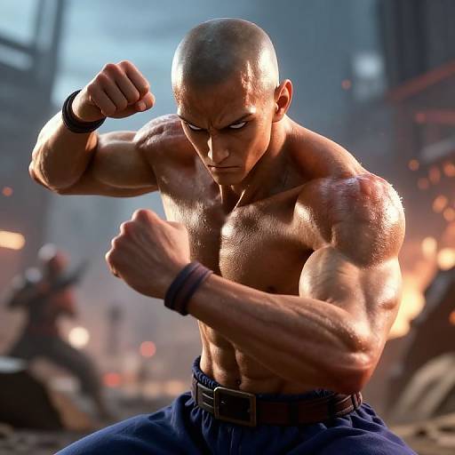 Photorealistic CGI of a muscular, bald, shirtless man with intense expression, fists raised in a fighting stance, wearing blue pants, against a