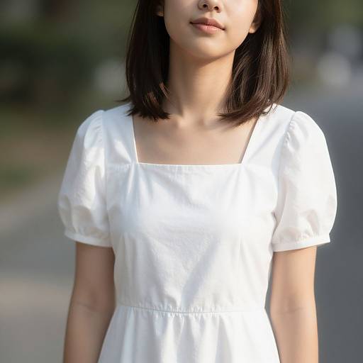 Photograph of an Asian woman with straight black hair, wearing a white short-sleeved dress, standing outdoors on a blurred street.