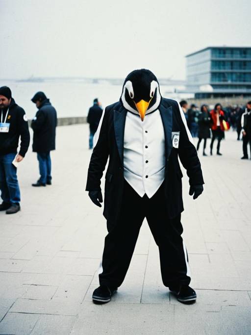 Man in Penguin Costume at Public Event