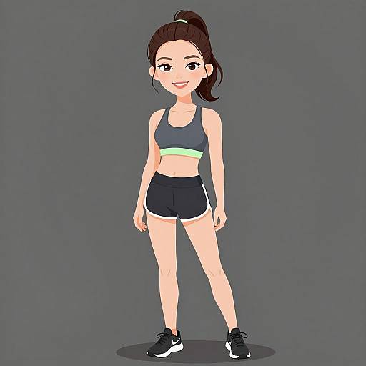 Digital drawing of a smiling young Asian woman with fair skin, black ponytail, wearing a gray sports bra, black shorts, and black sneakers, standing
