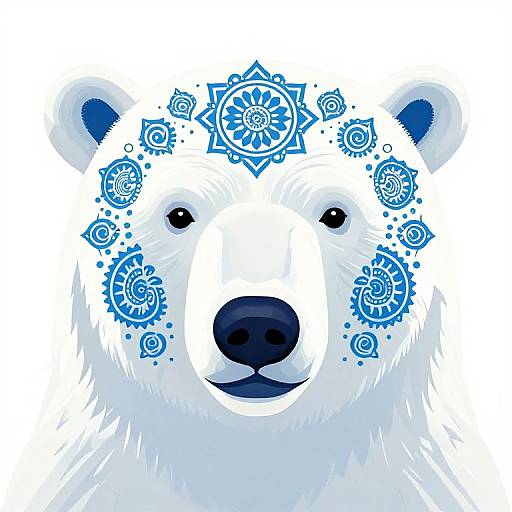 Digital illustration of a white polar bear with blue mandala patterns on its face, black nose, and blue ears, against a white background.
