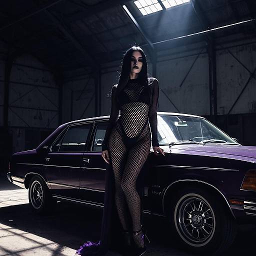 Gothic Fashion Model with Vintage Car