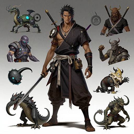 Digital artwork of a muscular, dark-haired warrior with black clothing, holding a sword, surrounded by various fantasy creatures and armored characters.