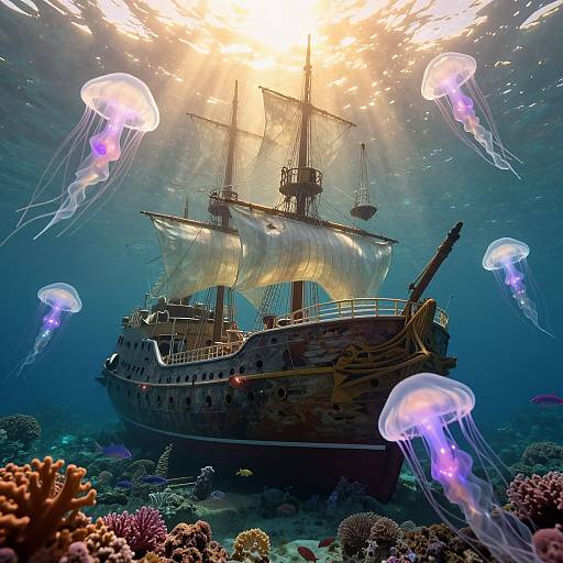 Photograph of a sunlit, wooden pirate ship with billowing sails, surrounded by glowing purple jellyfish, amidst vibrant coral reefs underwater.