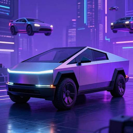 Neon-lit futuristic cityscape featuring a sleek, silver, angular electric car with glowing blue headlights and purple accents, alongside hovering cars. Photoreal