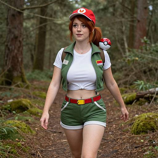 Digital artwork of a red-haired woman in a red cap and green shorts, carrying a Poké Ball, walking in a forest. She wears a white