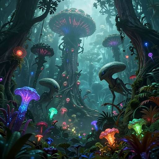 Digital fantasy artwork of a vibrant, bioluminescent forest with colorful glowing mushrooms, alien-like creatures, and intricate, glowing fungi amidst a dense,