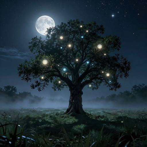 Whimsical Moonlit Tree from Bug's Eye View