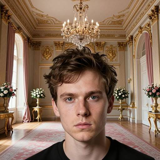 Photograph of a young man with short brown hair and blue eyes standing in an opulent, ornately decorated room with a grand chandelier, pink
