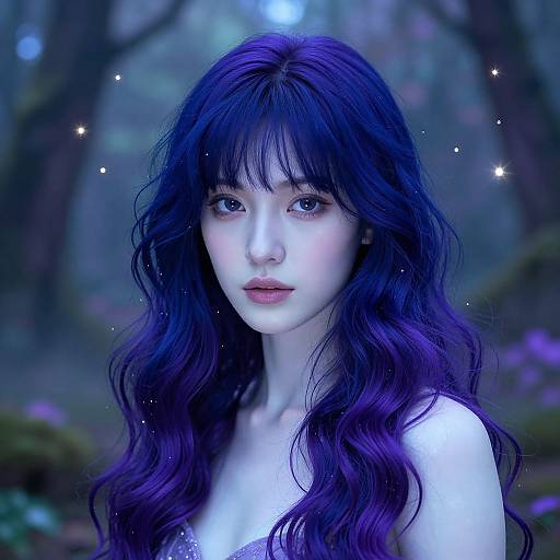 Digital artwork of a pale-skinned, blue-haired woman with long wavy locks, glowing eyes, and ethereal background of a mystical forest with twink