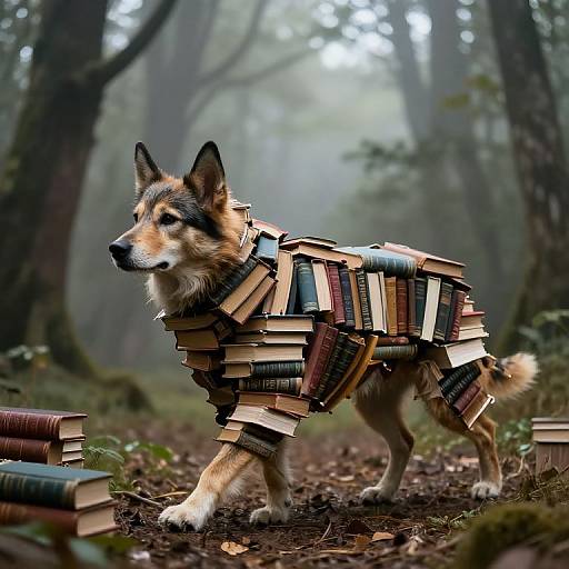 Dog Wearing Coat Made of Books in Forest