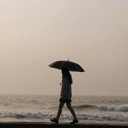 Silhouette Girl with Umbrella by Seaside