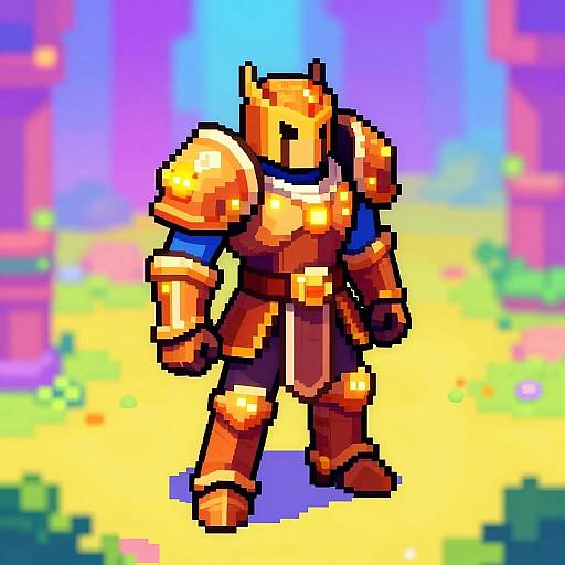 Pixel art of a golden armored knight with blue shoulder plates, standing in a vibrant, colorful, fantasy forest background.