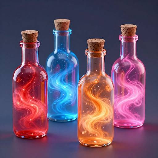 Photograph of four glass bottles with cork stoppers, each containing swirling neon lights: red, blue, orange, and pink, against a dark blue