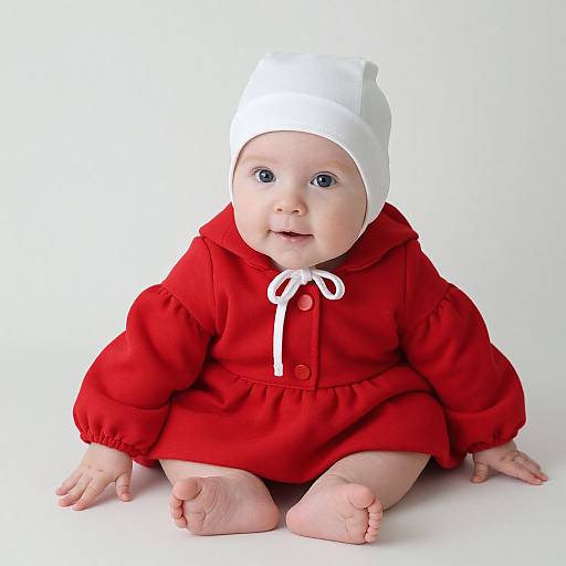 Photograph of a baby with fair skin, blue eyes, wearing a white hat and red hooded dress, sitting on a white background.