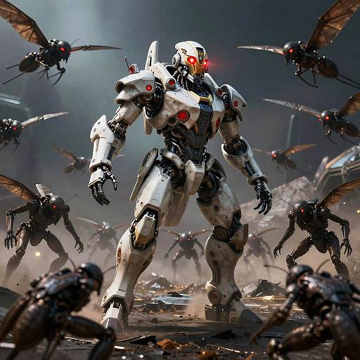 CGI sci-fi battle scene: towering white robot with glowing red eyes stands amidst a swarm of dark, insect-like drones in a smoky, ruined