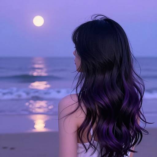 Photograph of a woman with long, wavy black hair, facing the moonlit ocean at dusk, her back to the camera.