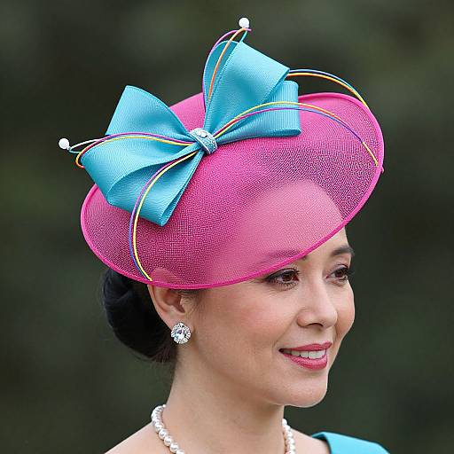 Photograph of an elegant Asian woman with fair skin, wearing a bright pink mesh hat adorned with a large blue bow and gold accents, pearl necklace,