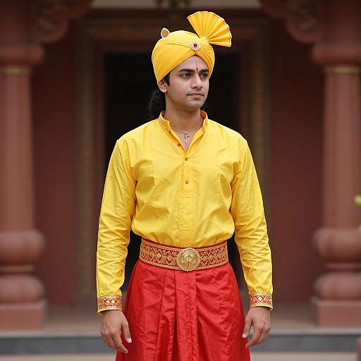 Photograph of a young South Asian man wearing a bright yellow turban, long yellow shirt, red pants with gold embroidery, standing in front of a