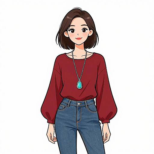 Digital anime-style drawing of a cute young woman with short brown hair, wearing a red long-sleeve top, blue jeans, and a blue pendant