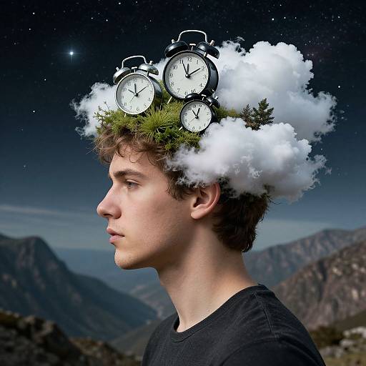 Photograph of a young man with curly brown hair, wearing a black shirt, against a starry night sky with mountains. His head is adorned with