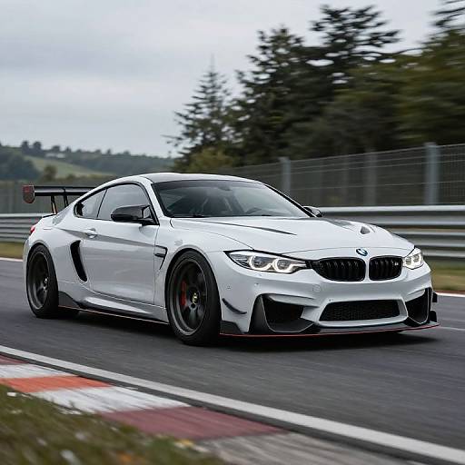 Photograph of a white, high-performance BMW sports car with black accents and a rear spoiler, driving on a racetrack with blurred trees in the