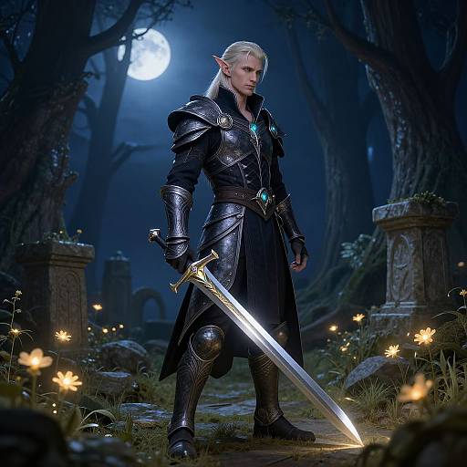 Photorealistic CGI of a tall, blonde elf warrior in dark, ornate armor with a glowing sword, standing in a moonlit, enchanted forest