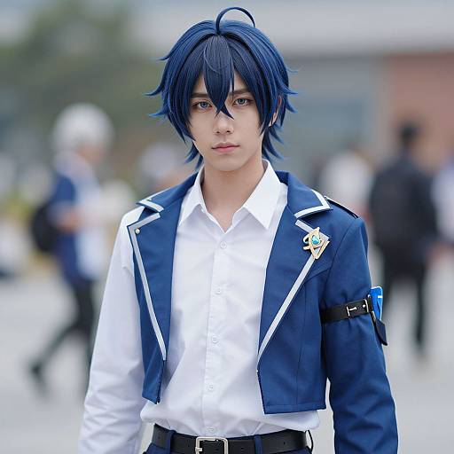 Photograph of an androgynous young person with blue hair, wearing a blue and white military-style jacket, white shirt, and black pants,