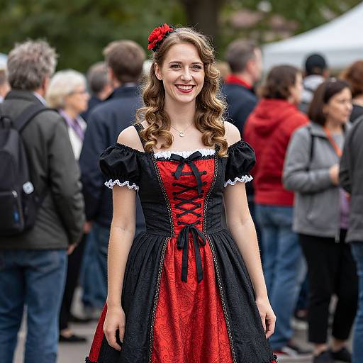 Photograph of a smiling young woman with curly brown hair, wearing a red and black Victorian-style dress with lace, standing in a crowded outdoor setting.