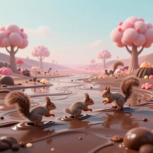CGI image of three cute, gray squirrels with fluffy tails standing in a chocolate river, surrounded by pink trees and mushrooms.