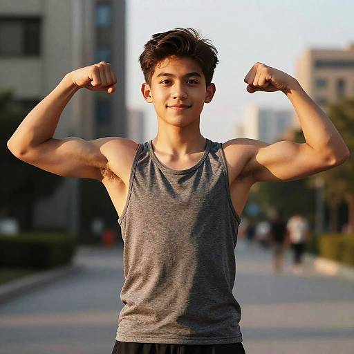 Confident Teen Flexing Muscles Outdoors